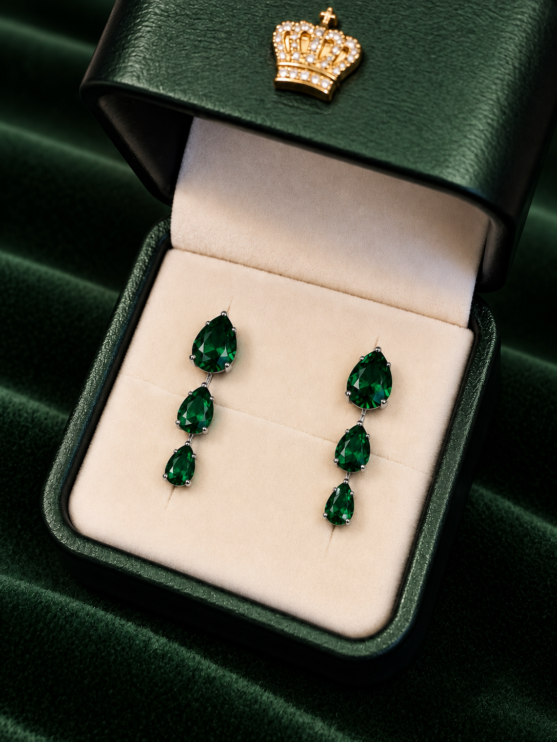 Trio Brincos Gotas Esmeralda Steel