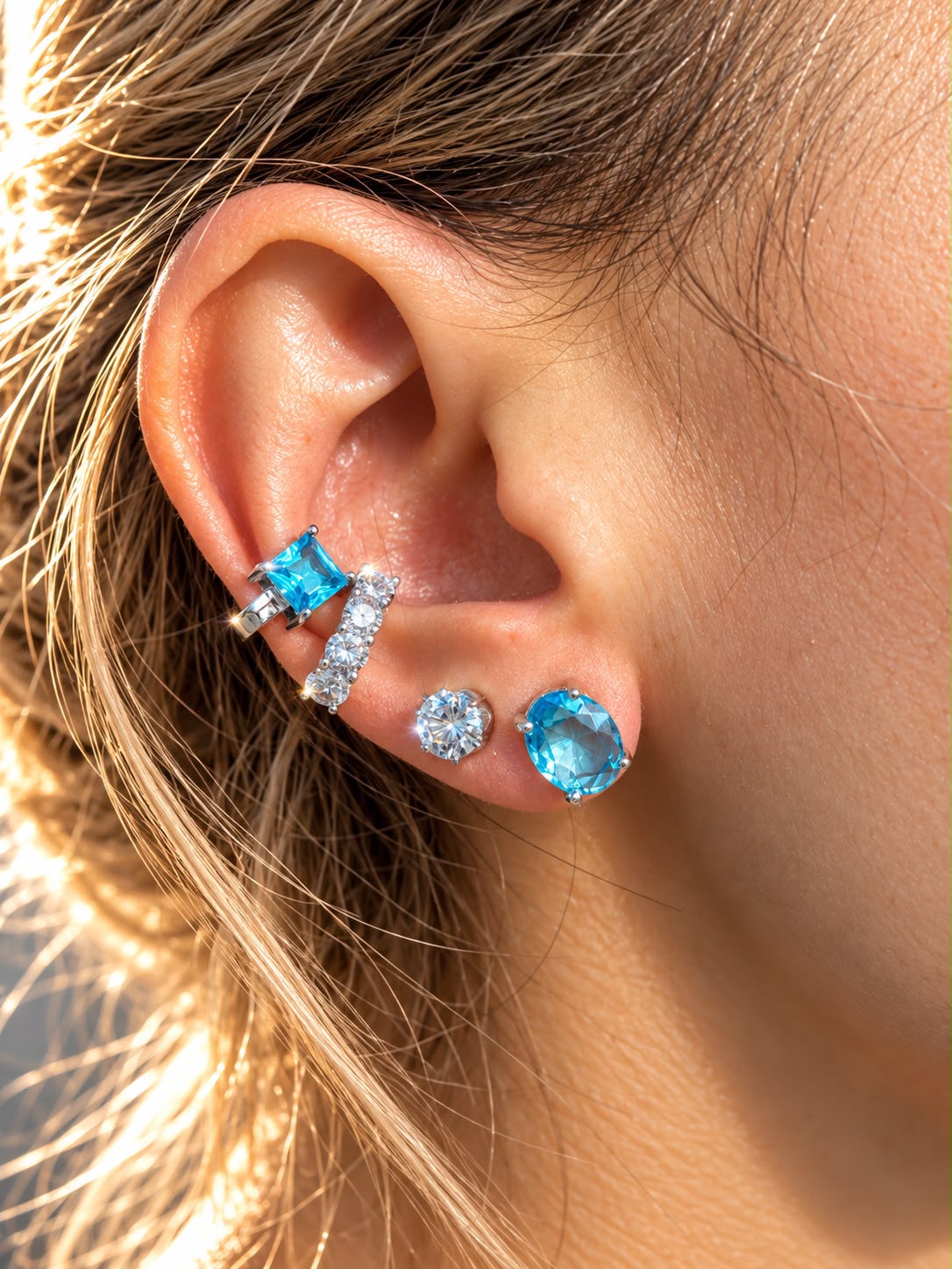 Kit Shinning Blue (2 Brincos + 2 Piercings de Pressão)
